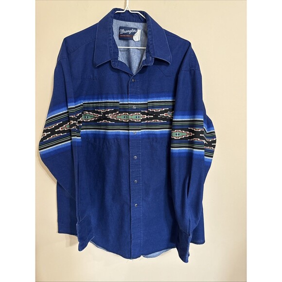 Wrangler Other - Wrangler Pearl Snap Western Shirt XL Cowboy Rodeo Aztec Southwestern Blue Vtg